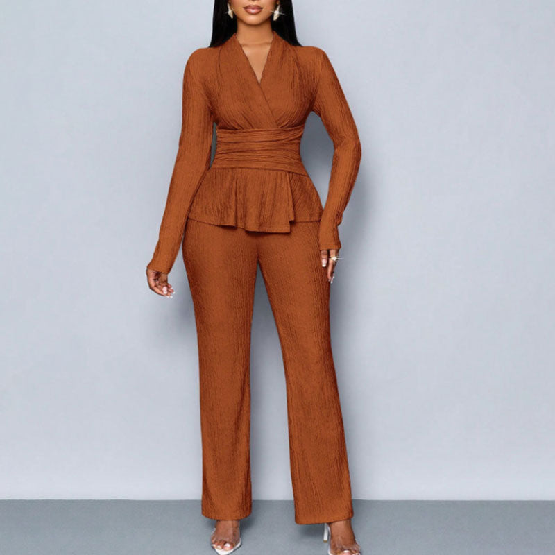 Long-sleeve V-neck waist-cinching top and trousers set