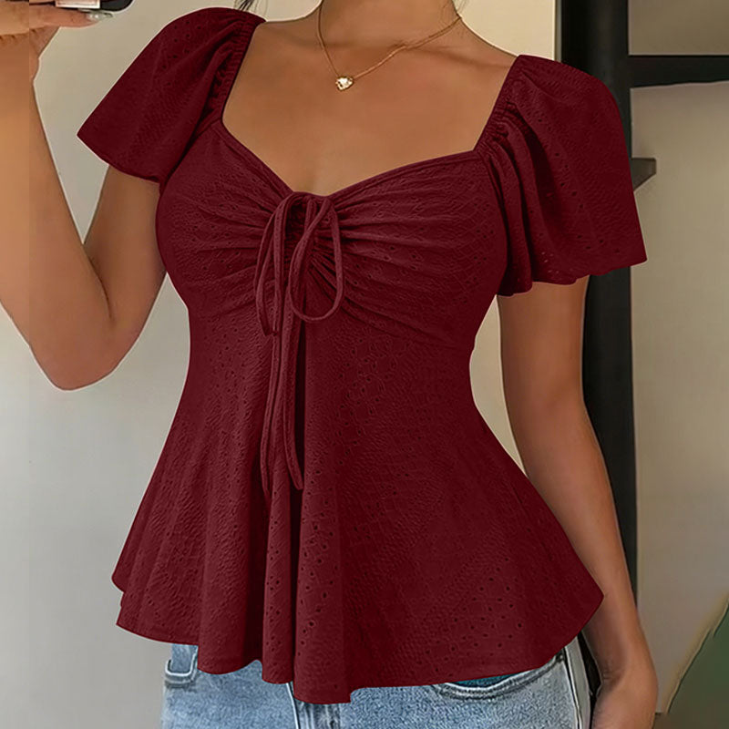 V-neck cut-out embroidered peplum top
