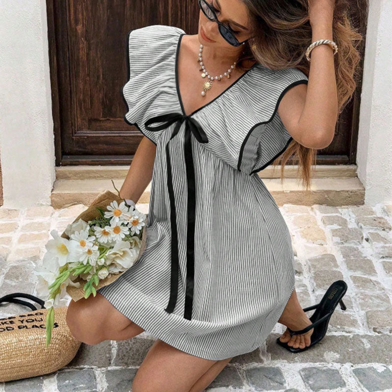 High-waisted striped ruffle sleeve dress