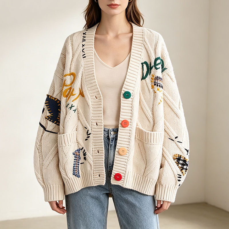 Retro pattern cable knit cardigan