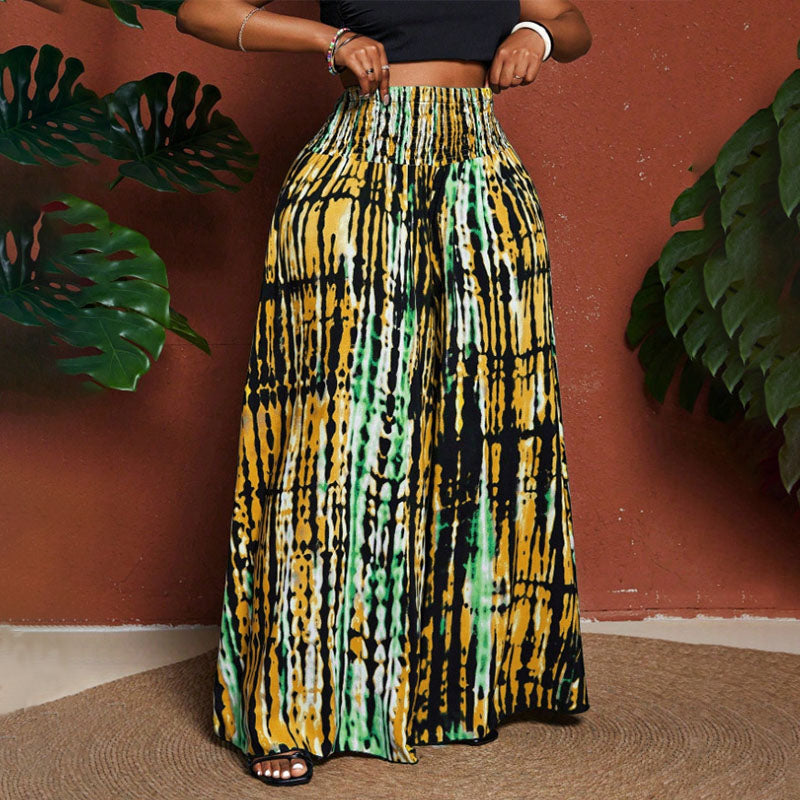 Plus-size tie-dye print pleated high-waisted wide-leg pants