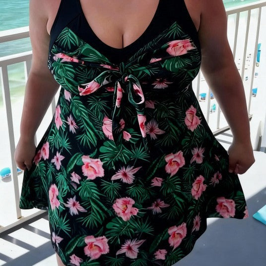 V-neck tropical floral print swimsuit and bottoms set