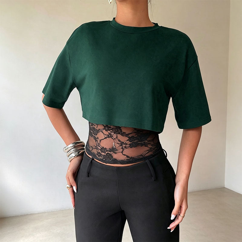 Mesh and lace patchwork short-sleeved top