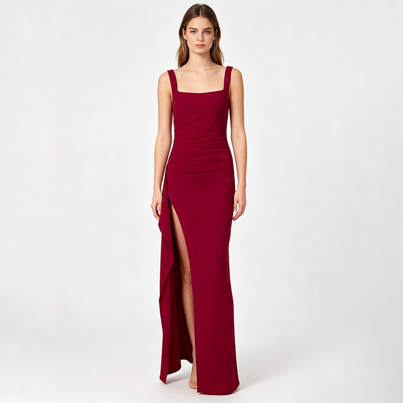 Square neckline pleated side slit mermaid long dress