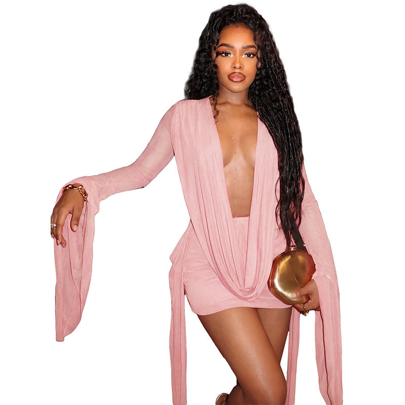 Stacked neckline flared sleeve mesh dress