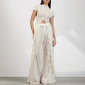 Ruffled lace front-slit top and wide-leg pants set