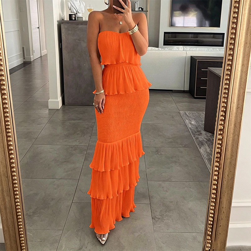 Strapless tiered ruffle fishtail maxi skirt
