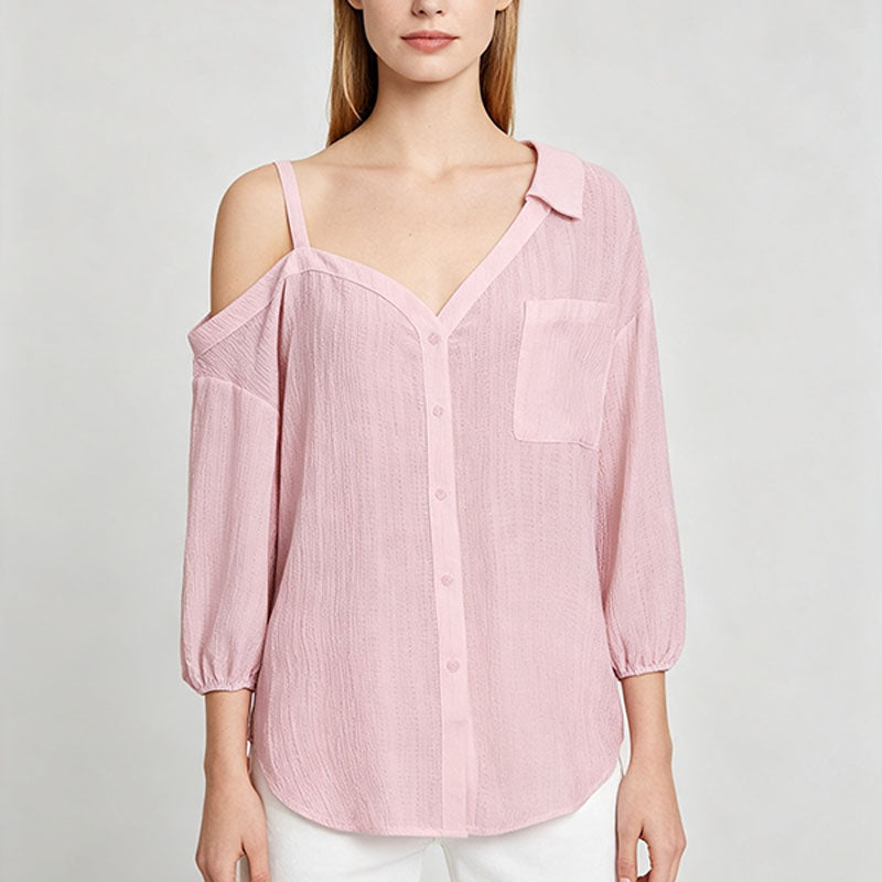 Asymmetric one-shoulder camisole-style collared shirt