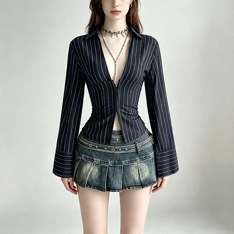 Striped slim-fit long-sleeved collared shirt