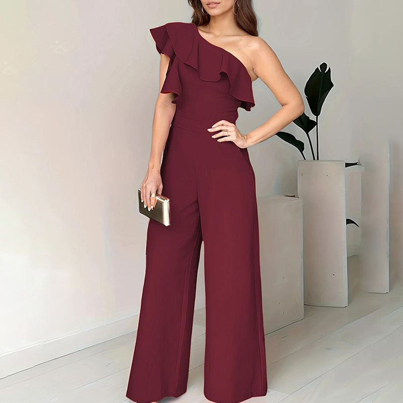One-shoulder ruffled high-waisted wide-leg jumpsuit