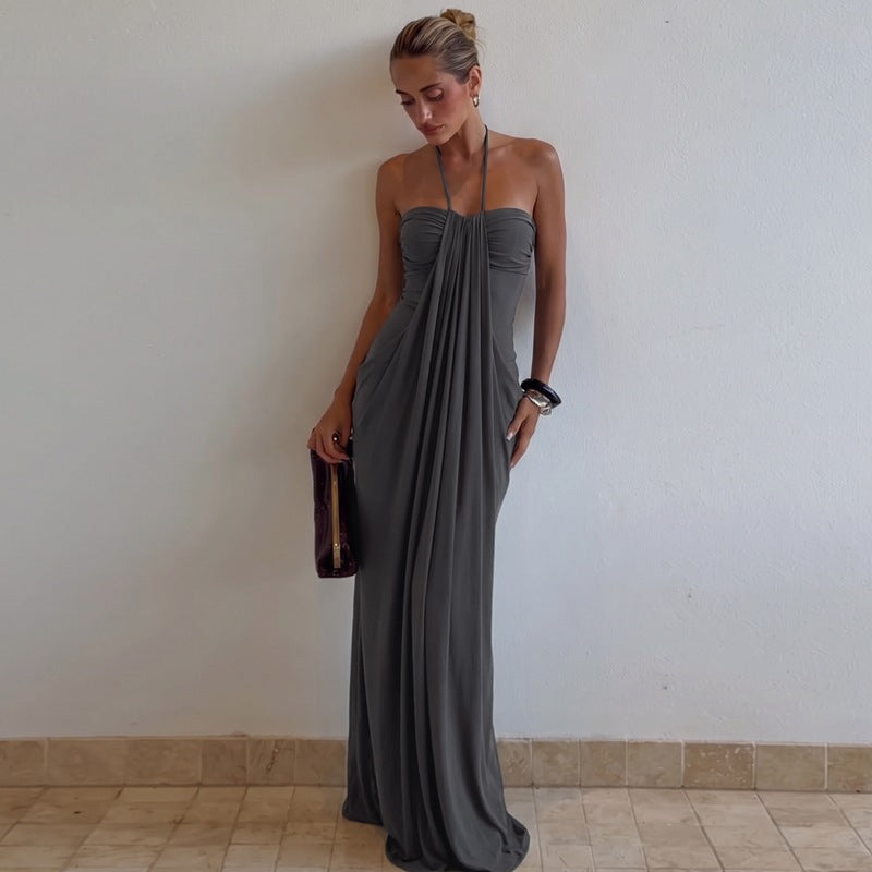 Draped, form-fitting halter maxi dress