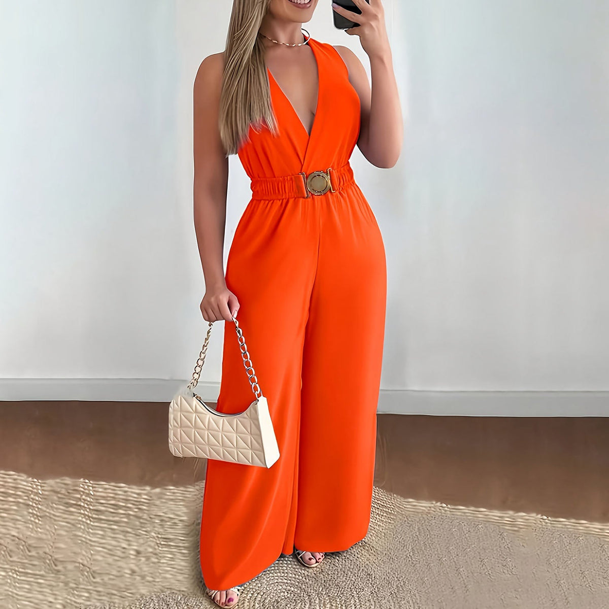V-neck sleeveless wide-leg jumpsuit