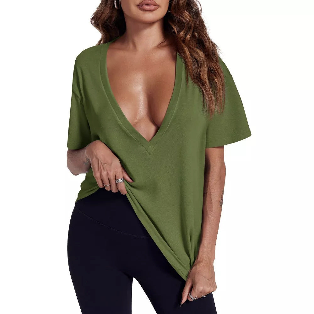 Loose Fit Short Sleeve T Shirt with Deep V Neck