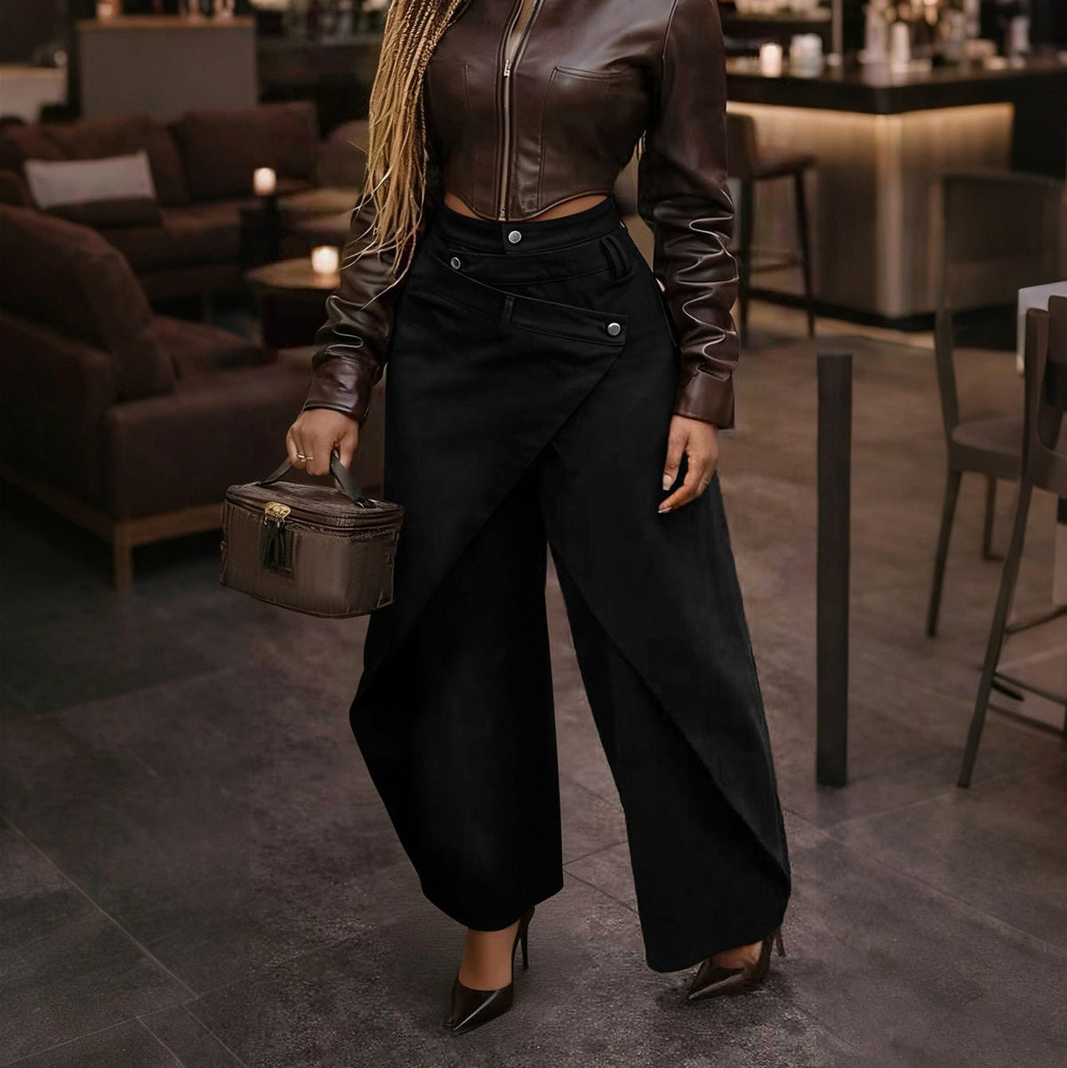 Retro Irregular Overlay Wide‑Leg Trousers