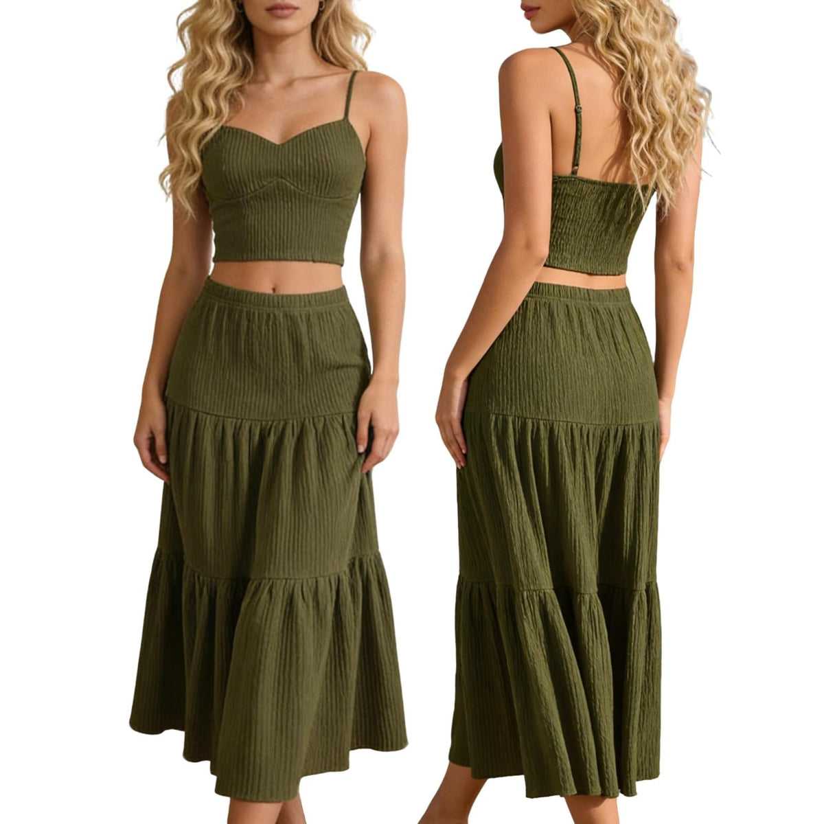 Heart-shaped neckline textured camisole top and long skirt set