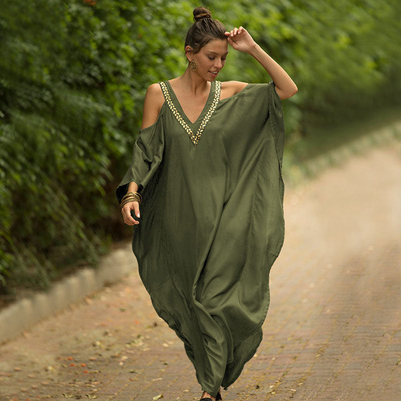 V-neck loose-fitting off-shoulder beach sun protection dress