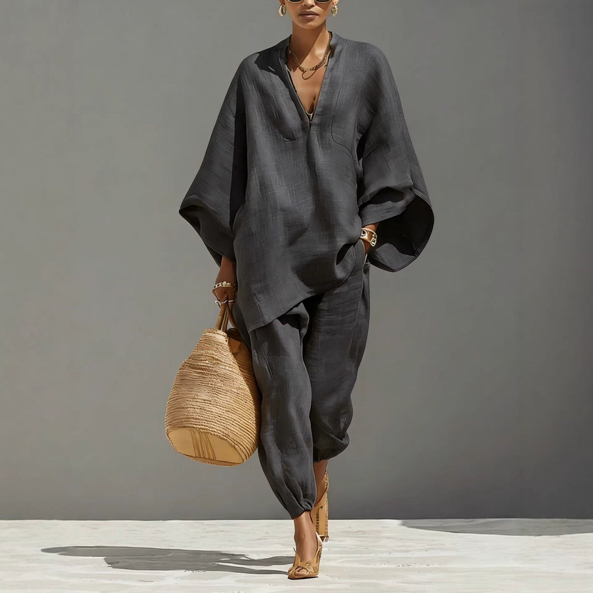 V-neck batwing-sleeve top and trousers set