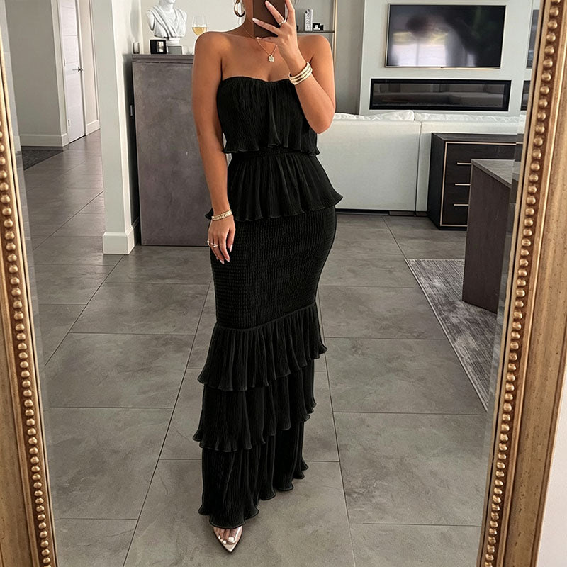 Strapless tiered ruffle fishtail maxi skirt