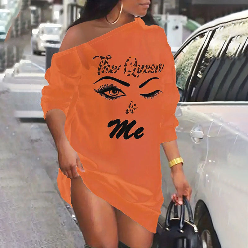 One-shoulder printed casual long-sleeve T-shirt dress