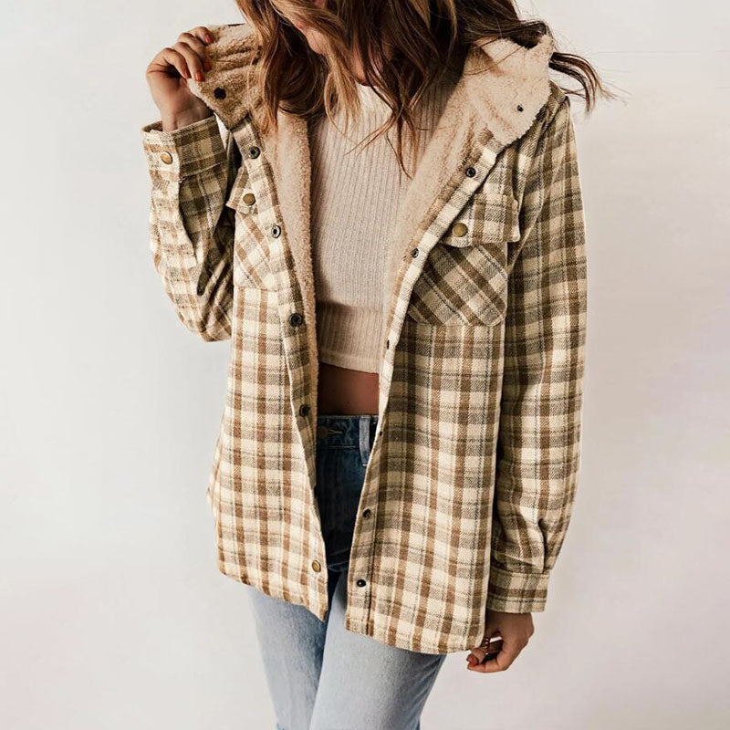 Casual hooded plaid fleece jacket