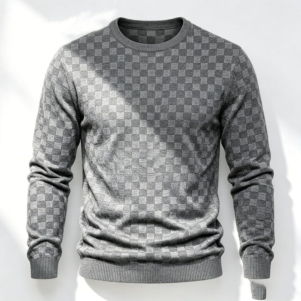 Checkered Jacquard Crew Neck Mens Sweater