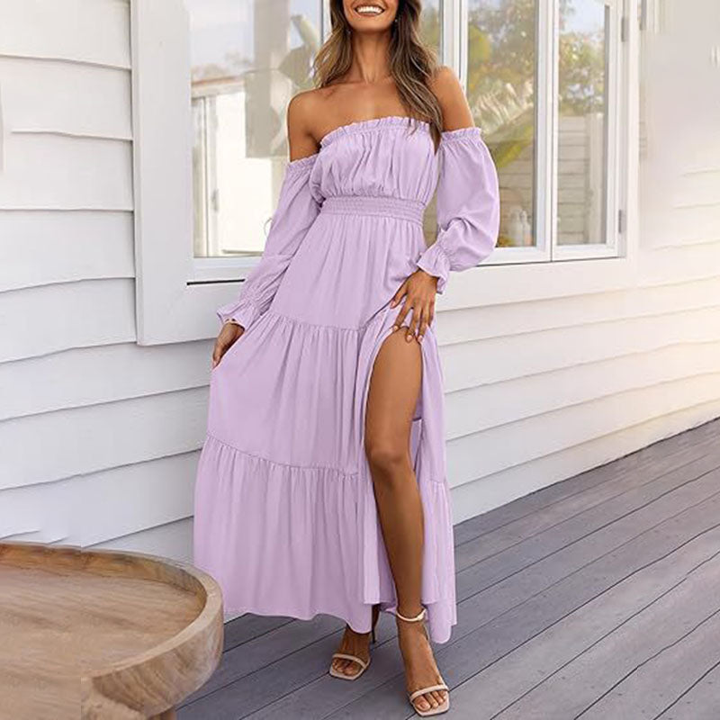 Off-shoulder long-sleeved cinched waist layered dress