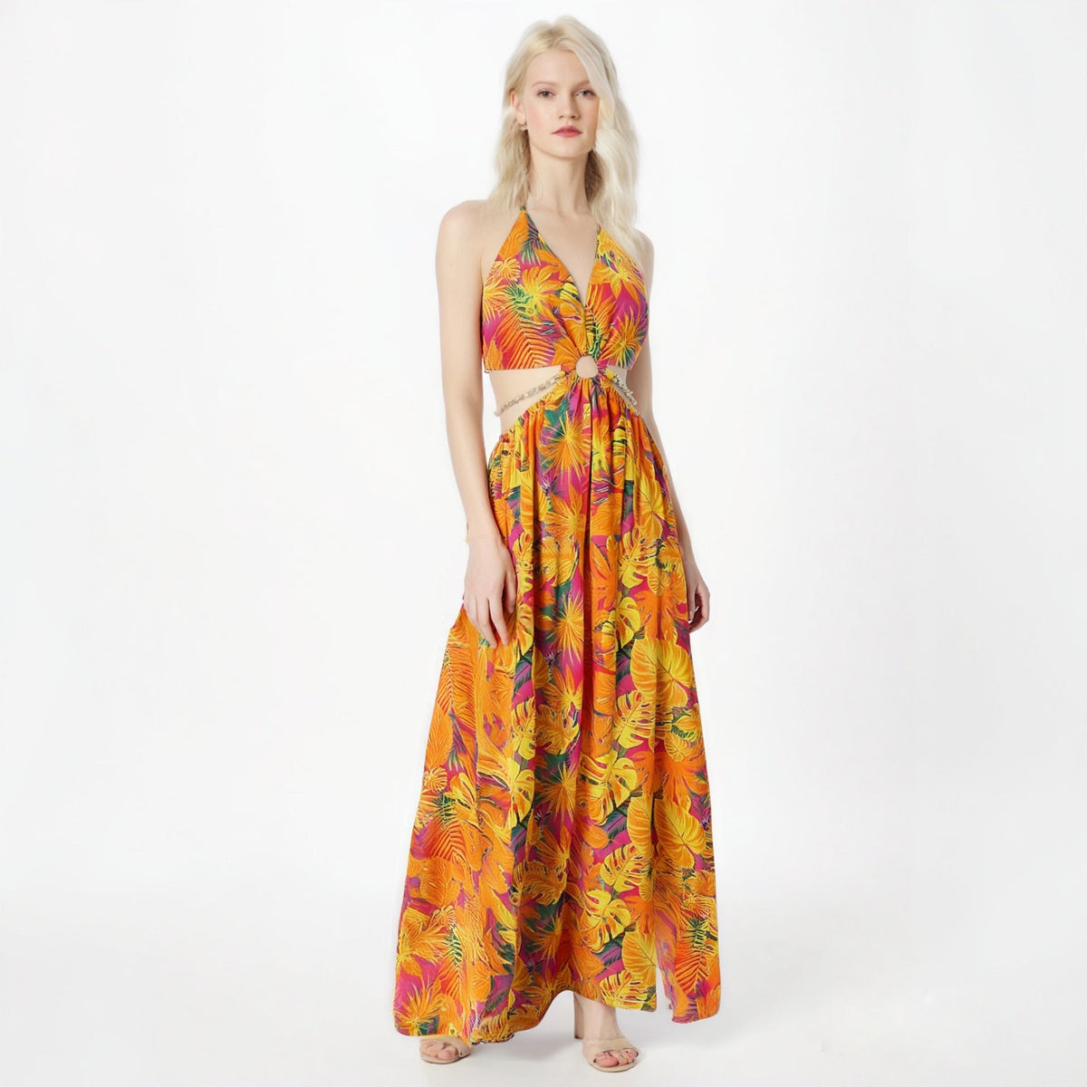 Deep V-neck backless high slit tropical print dress