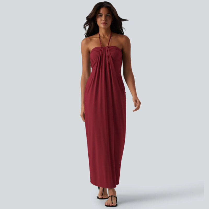 Draped, form-fitting halter maxi dress