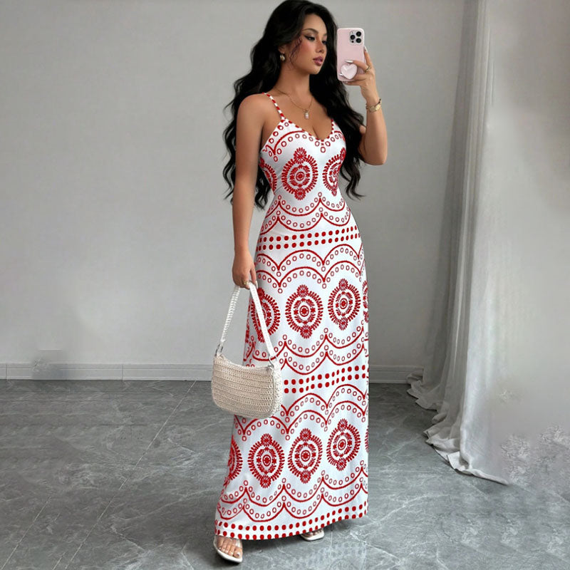 Retro Geometric Print Slim-Fit Camisole Dress