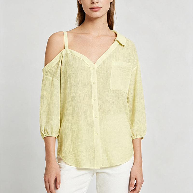 Asymmetric one-shoulder camisole-style collared shirt