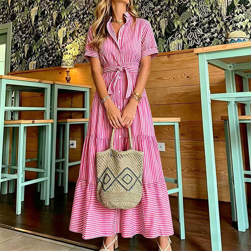 Striped layered hem long shirt dress