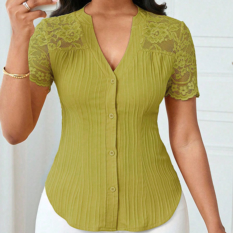 Short-sleeve V-neck shirt with lace splicing