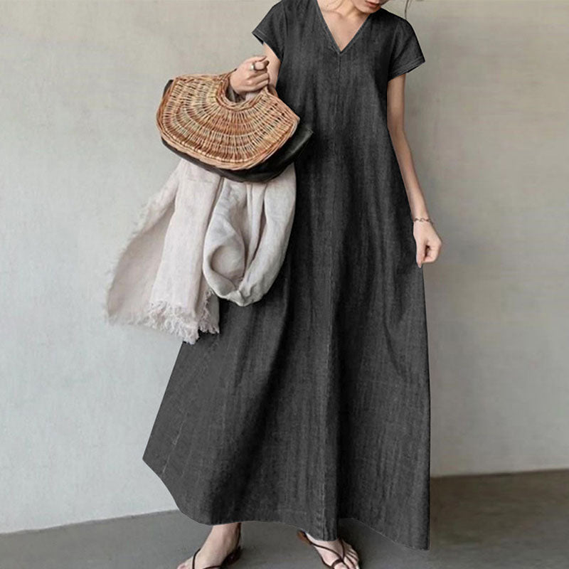 V-neck loose denim dress