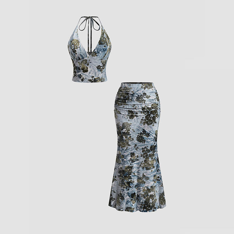 Vintage-print camisole and fishtail skirt set