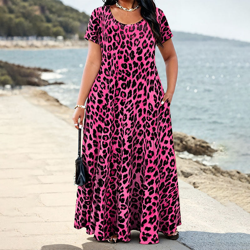 Plus-size leopard print round-neck dress
