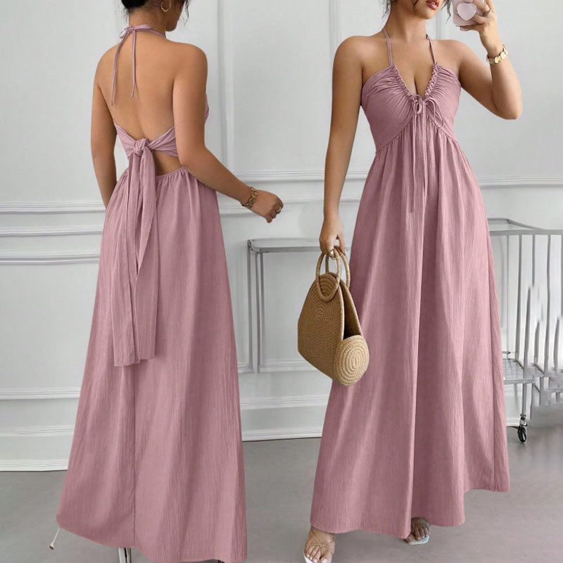 Front-pleated V-neck backless long dress