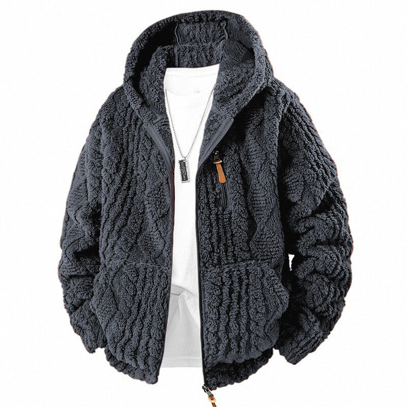 Men's fleece-lined hooded loose-fitting jacket