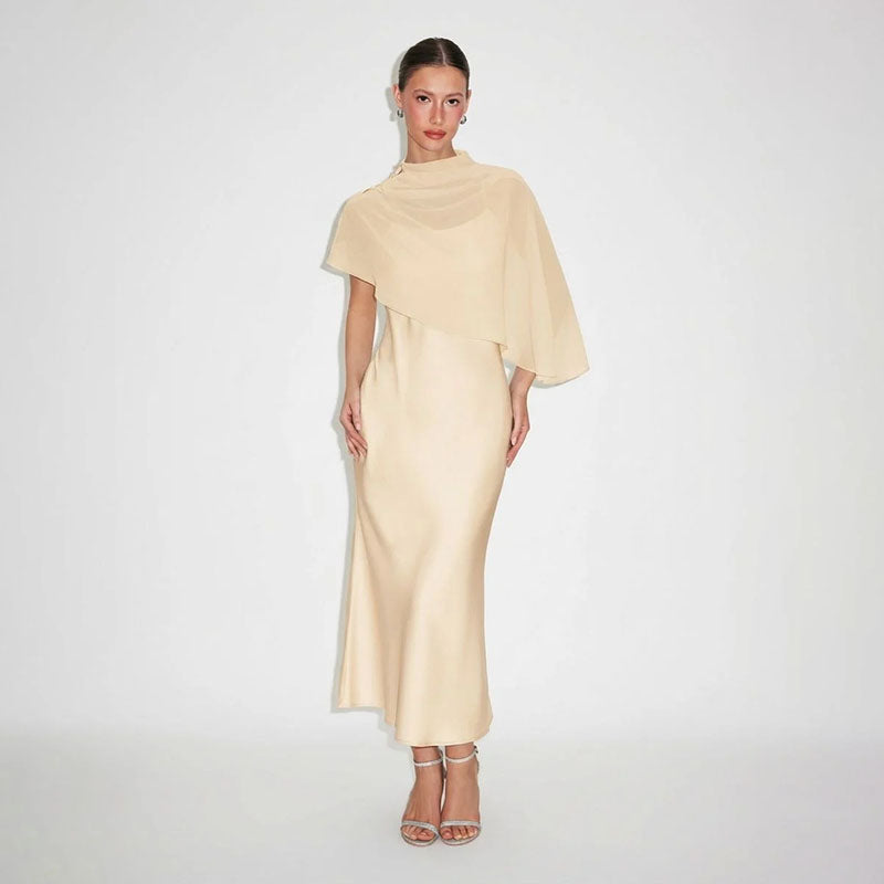 High-neck asymmetrical shawl and camisole dress set