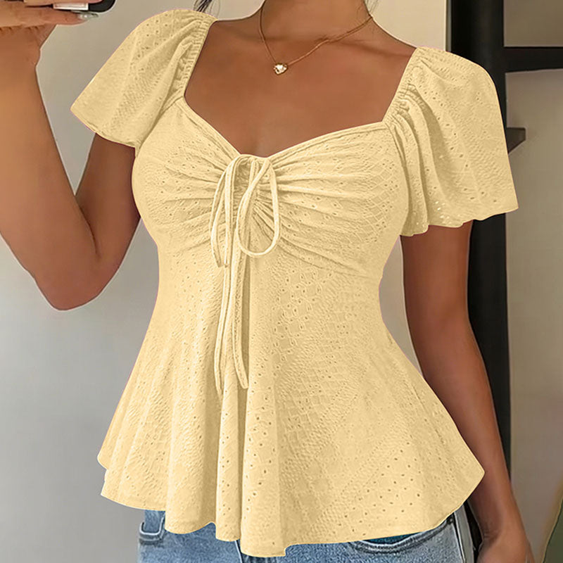 V-neck cut-out embroidered peplum top