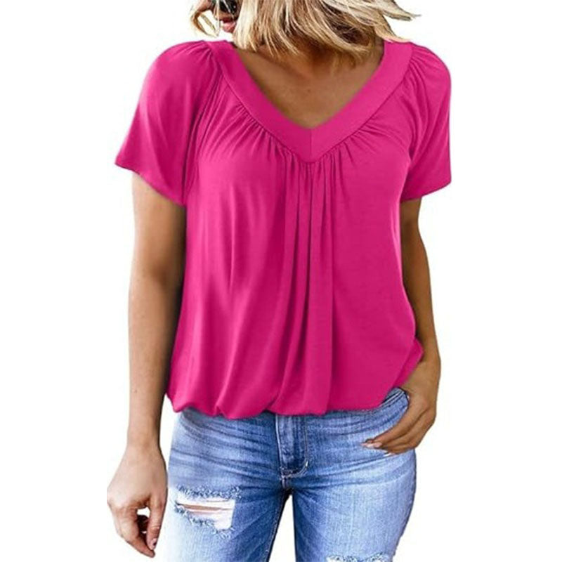 Casual V-neck pleated short-sleeve top