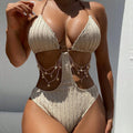 Layered chain-decorated openwork one-piece swimsuit