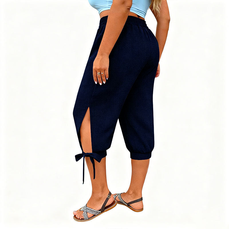 Side-slit elastic waist plus size capri pants
