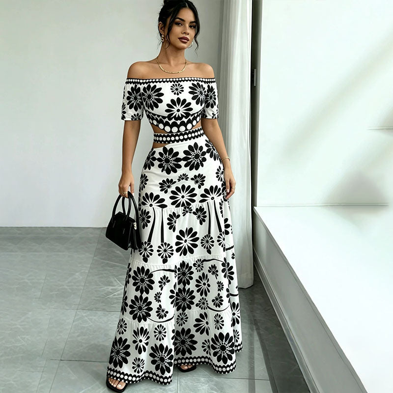 Off-the-shoulder cut-out printed dress