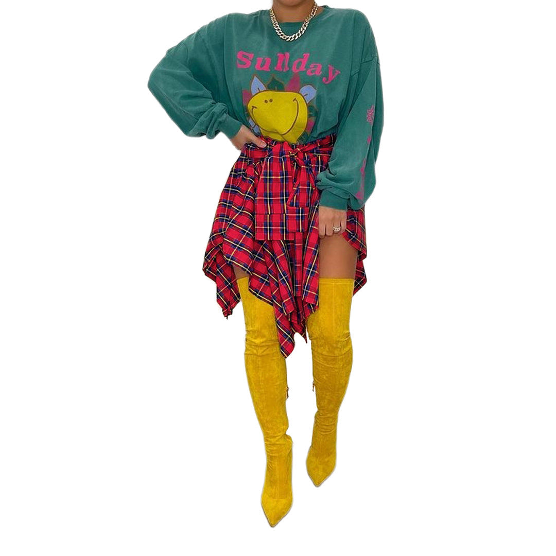 Plaid front-tie irregular hem short skirt