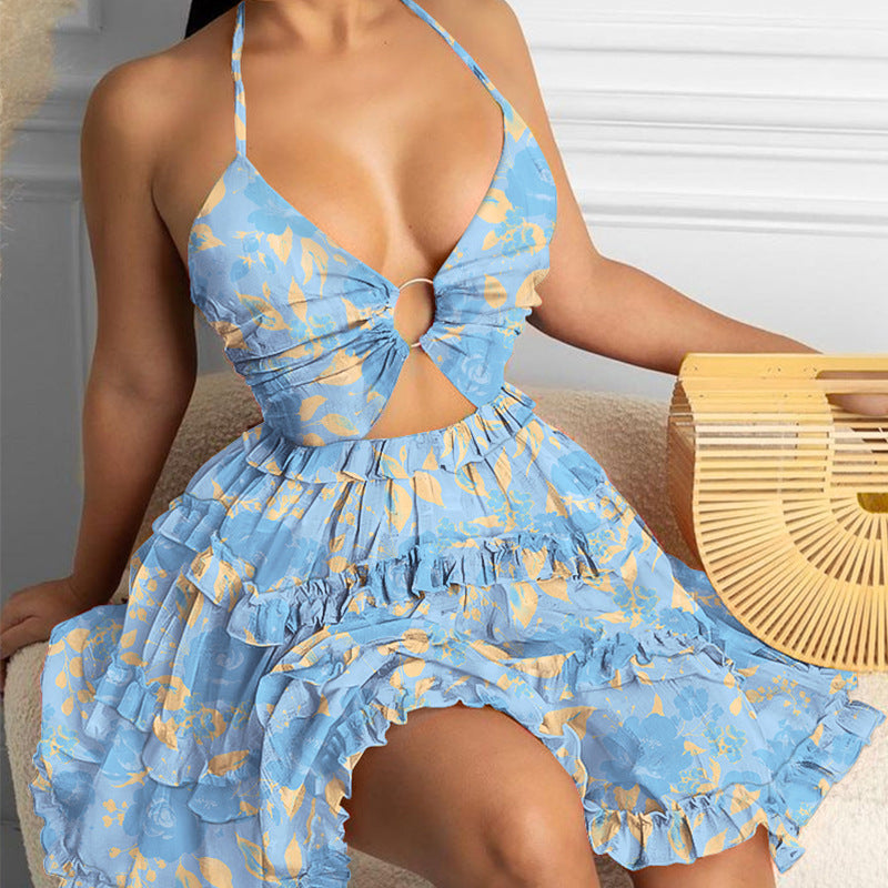 Deep V-neck hollowed-out layered ruffle dress