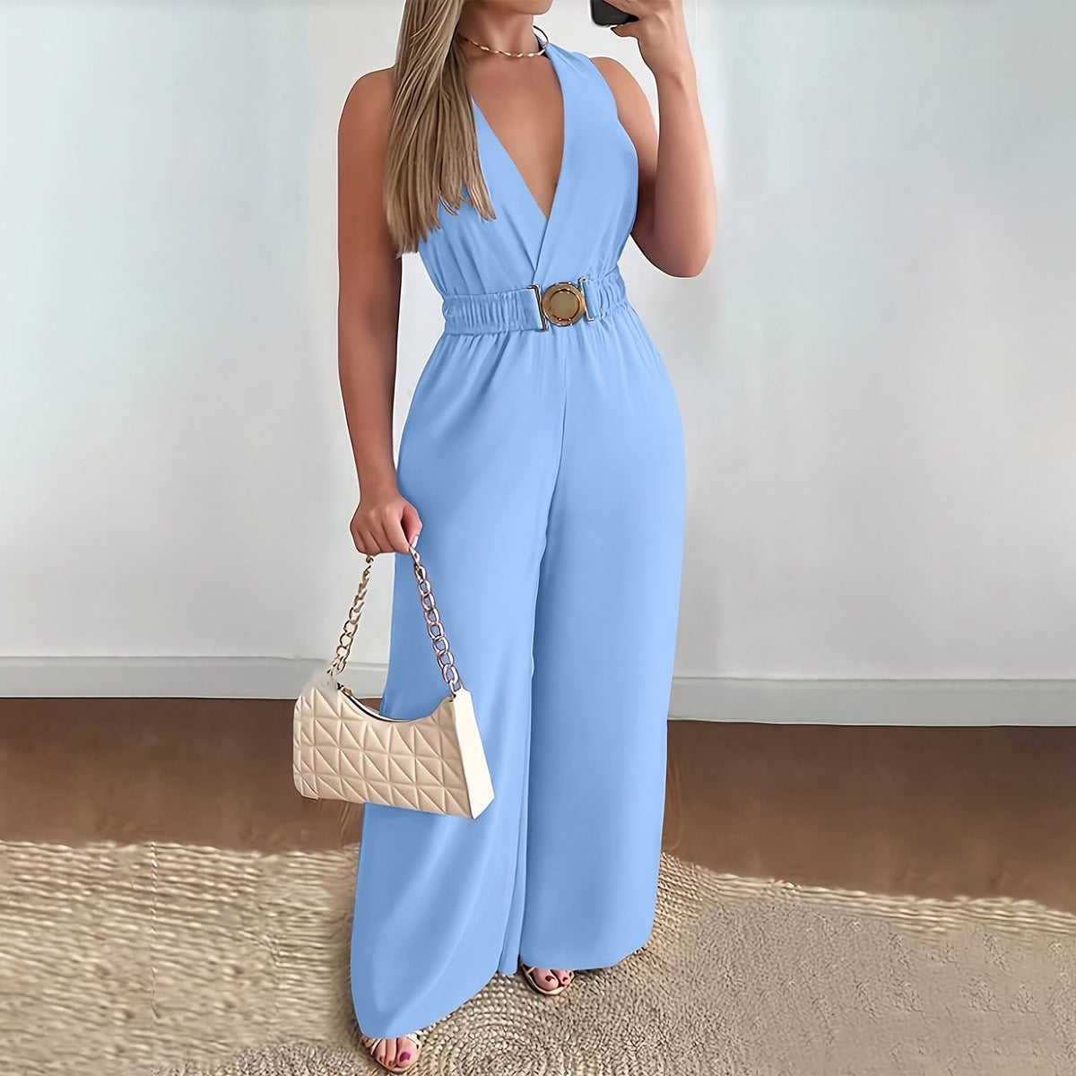 V-neck sleeveless wide-leg jumpsuit