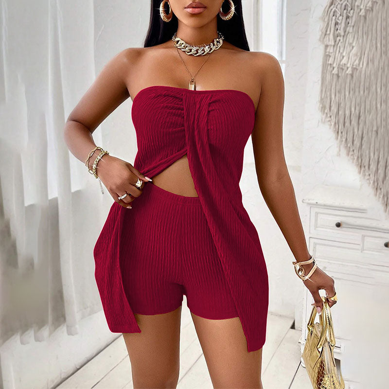 Pleated-texture strapless top and shorts set