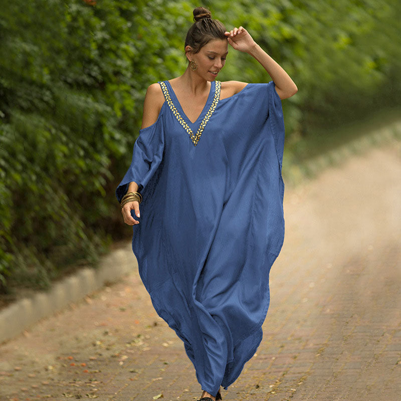 V-neck loose-fitting off-shoulder beach sun protection dress