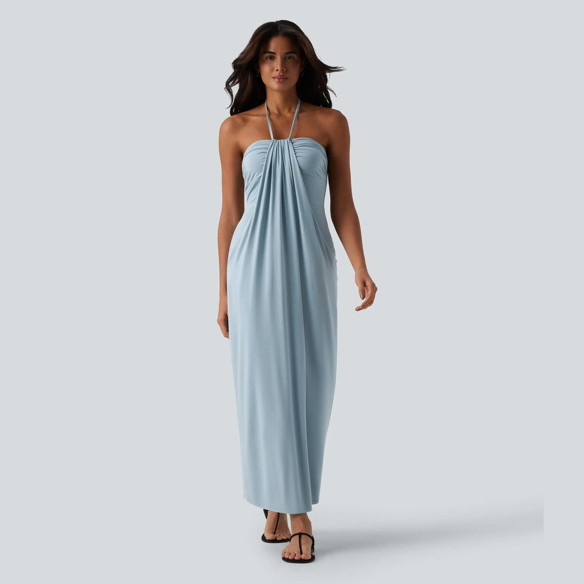 Draped, form-fitting halter maxi dress