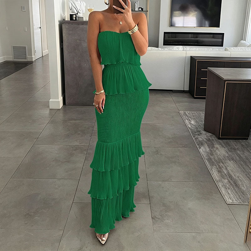Strapless tiered ruffle fishtail maxi skirt
